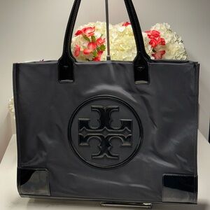 Tory Burch Black Patent Leather & Nylon Ella Tote NWOT